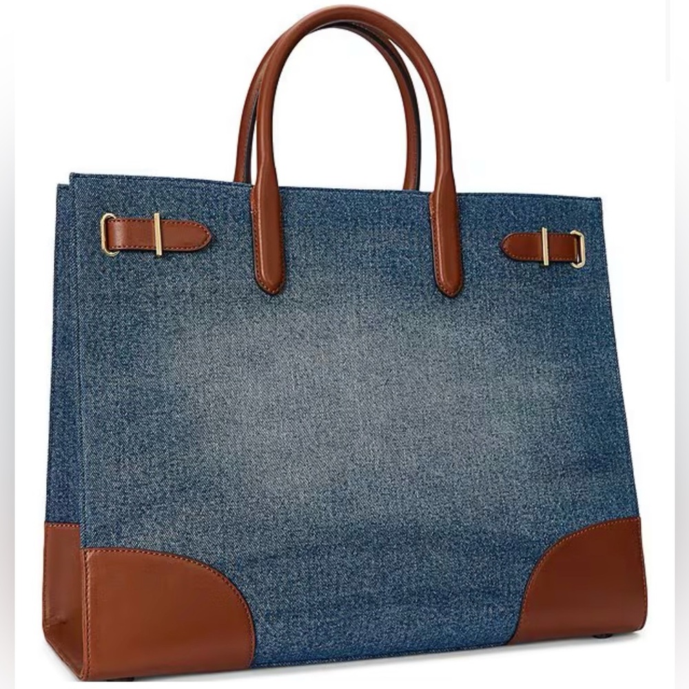 Ralph Lauren Devyn Denim Leather Trim Large Tote Bag
